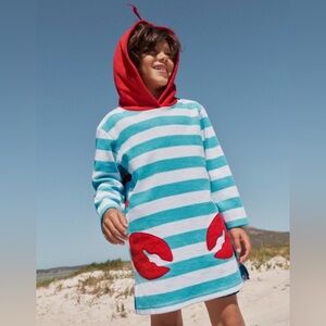 MINI BODEN Kids Hooded Terry Towelling Pullover Cover Up- Lobster Appliqué- 7-8Y